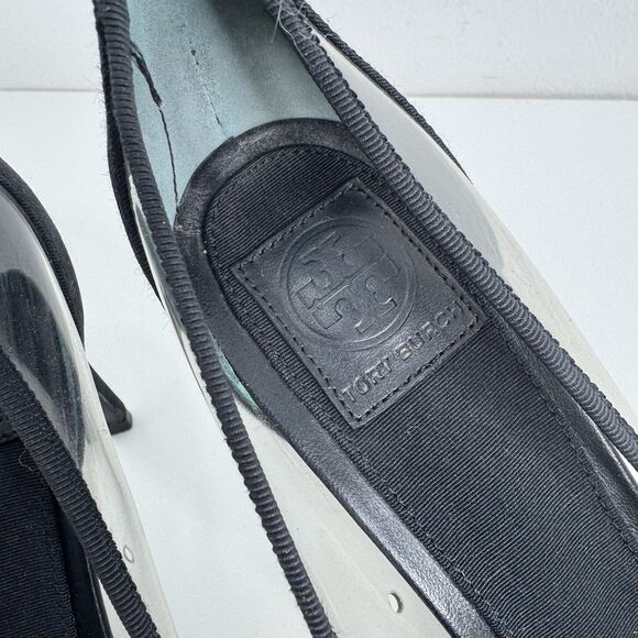 Tory Burch Black Aimee Grosgrain Fabric Pumps Heels Bow Pointed Logo Charm 7 - Picture 5 of 12